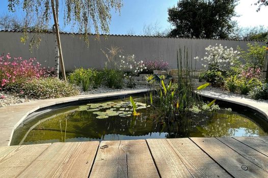 Réfection complète d’un jardin avec création d’un ensemble de massifs paysagers structurés et harmonieux. Les massifs sont composés de végétaux adaptés au climat local, mêlant persistants, vivaces, graminées et couvre-sols, pour un rendu à la fois esthétique, durable et facile d’entretien. Le travail de composition met en valeur les volumes, les textures et les couleurs selon les saisons. L’aménagement intègre également un paillage minéral ou organique selon les zones, assurant la gestion de l’humidité du sol et la limitation des adventices. Réalisation par un paysagiste professionnel pour sublimer l’espace extérieur avec une fontaine à poisson Valence Drôme Ardèche Rhône Alpes Paysagiste Pisciniste Dupré la Tour